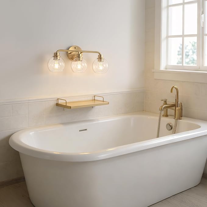 Bathroom Light Fixtures Gold Vanity Light 3 Light Wall Sconces Lighting Brushed Brass Lights with Clear Globe Glass Shades Bath Wall Lamp for Mirror Kitchen Living Room Bedroom Hallway