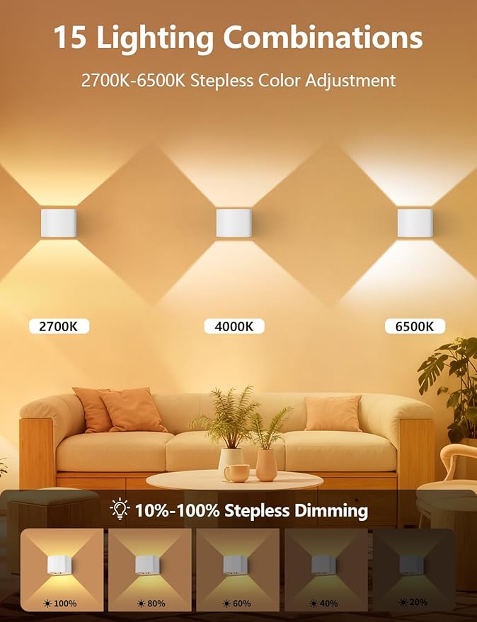 Battery Operated Wall Lamps with Motion Sensor, 6000mAh LED Rechargeable Wireless Sconce with Remote Control, Stepless Dimming, 2700-6500K, Adjustable Beam Angle, White Wall Lights for Hallway, 4-Pack