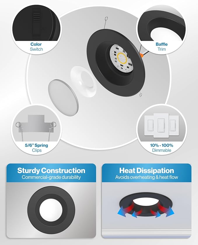 Sunco 12 Pack 5CCT Black LED Recessed Lighting 6 Inch, 2700K/3000K/3500K/4000K/5000K Selectable, Dimmable Can Lights, Baffle Trim, 13W=120W, 869 LM, Damp Rated, Retrofit Installation - UL Listed