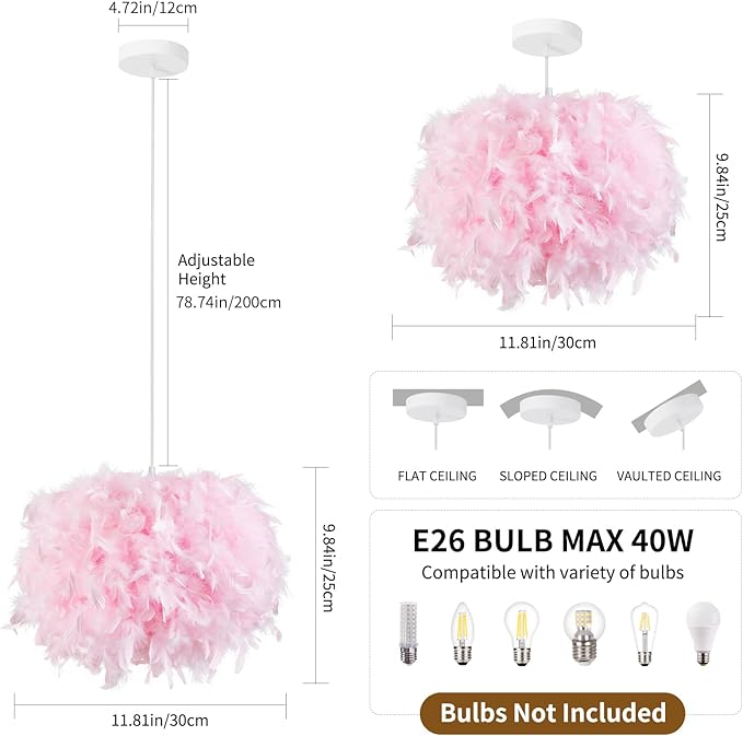 NZV Pink Feather Pendant Lights for Bedroom Romantic Feathers Light Fixture Pink Chandelier Girls Room Modern Hanging Ceiling Lighting for Dining Room Kitchen Island Foyer Hallway (Diameter 11.8in)