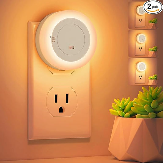 FOLKSMATE LED Night Lights Plug into Wall, Dimmable Plug in Nightlight with Auto Light Sensors for Adults, Kids Room, Bedroom, Bathroom, Hallway, Kitchen, Stairs, Amber White, 2-Pack
