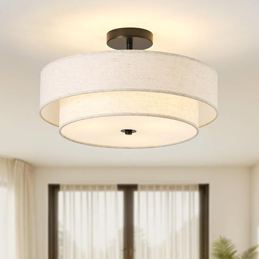 17.7" Close to Ceiling Light Fixtures, Black Semi Flush Mount Ceiling Light Fixtures with 2-Tier Drum Fabric Lamp Shade, Modern Ceiling Light Fixtures Flush Mount for Bedroom Hallway Nursery