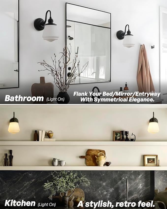 Black Wall Sconce Vintage Farmhouse Bathroom Vanity Light with Frosted Milk White Class Hardwire Sconce Indoor Wall Lamp Light Fixture for Bathroom Mirror Living Room Bedroom Kitchen