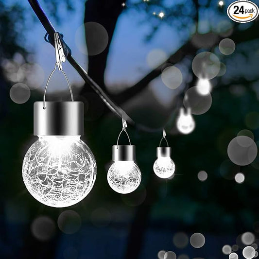 Solar Lights Outdoor Hanging Decorative Globe 24 Pack, Waterproof Solar Lantern with Handle and Clip, Solar Powered Glass Ball Lights for Garden Yard Fence Tree Umbrella Holiday Décor, Cold White