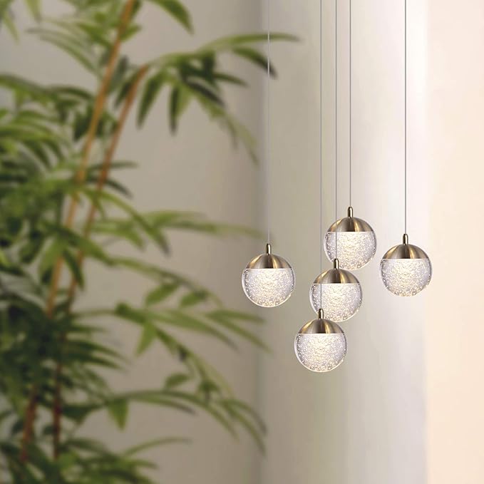 contec development Galaxy 5 Mini Pendant Crystall Ball Lighting Brass - LED Hanging Light Fixture: Kitchen Island, Bar, Foyer - Cluster Pendants - Dimmable, Adjustable Wire, Lamp Bulb Included