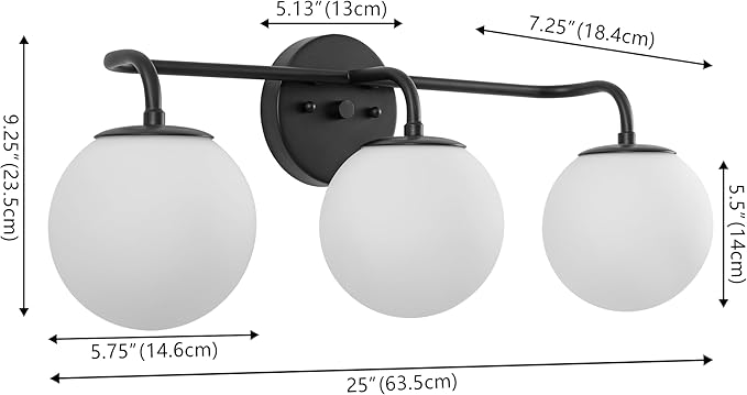JONATHAN Y 25" Black Modern Globe Wall Sconce Vanity Light for Bathroom, White Frosted Glass Shade, Midcentury Parisian Bistro Wall Lamp, LED Bulb Included (JYL3536B)