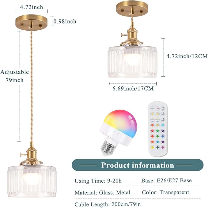 Battery Operated Pendant Light,Vintage Light Fixtures 2500mAh 6.6in RGB Light Bulb with Remote Control Wireless Adjustable Rechargeable Chandelier for Kitchen Island Hallway 1Light
