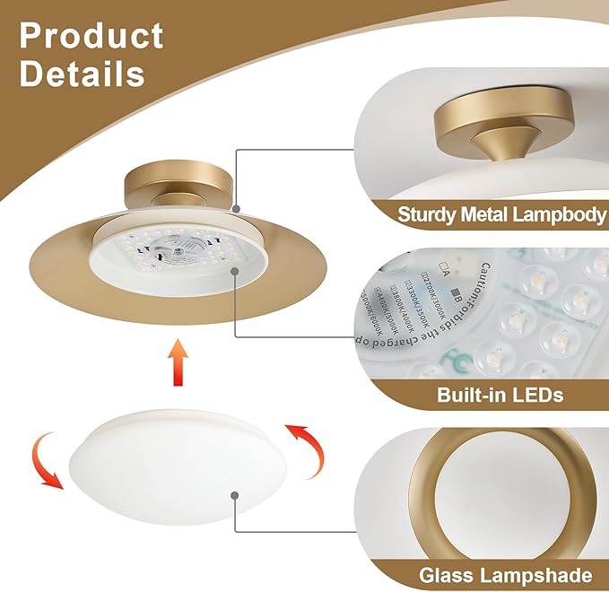 Dimmable Modern Mid-Century Ceiling Light, White and Gold LED Semi Flush Mount Ceiling Light, 5CCT 2700K-6000K Lighting Fixture Ceiling Lamp with Glass Shade for Bedroom Hallway Kitchen, 12.6in