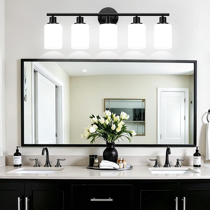 5-Light Bathroom Light Fixtures, Black Modern Vanity Lights with Milky White Frosted Glass Shades, Bathroom Wall Lamp, Clear Glass Shade, for Mirror, Living Room, Kitchen, Hallway, Cabinet, Porch