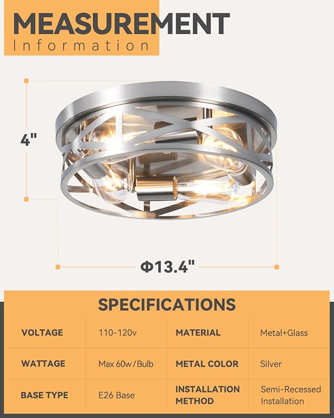 13 Inch Close to Ceiling Lights, 2 Pack Brushed Nickle Flush Mount Ceiling Light Fixture, Modern 4-Light Metal Cage Indoor Kitchen Ceiling Lights for House Hallway Bedroom Living Room