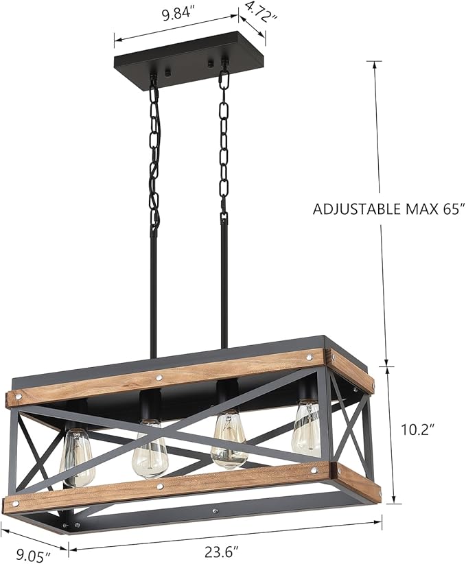 Rustic Farmhouse Wood Kitchen Island Lighting, 4 Lights Rectangular Pendant Light Fixture, Adjustable Chain Oak Wood and Metal Linear Chandelier for Dining Room Kitchen Island Farmhouse, Black