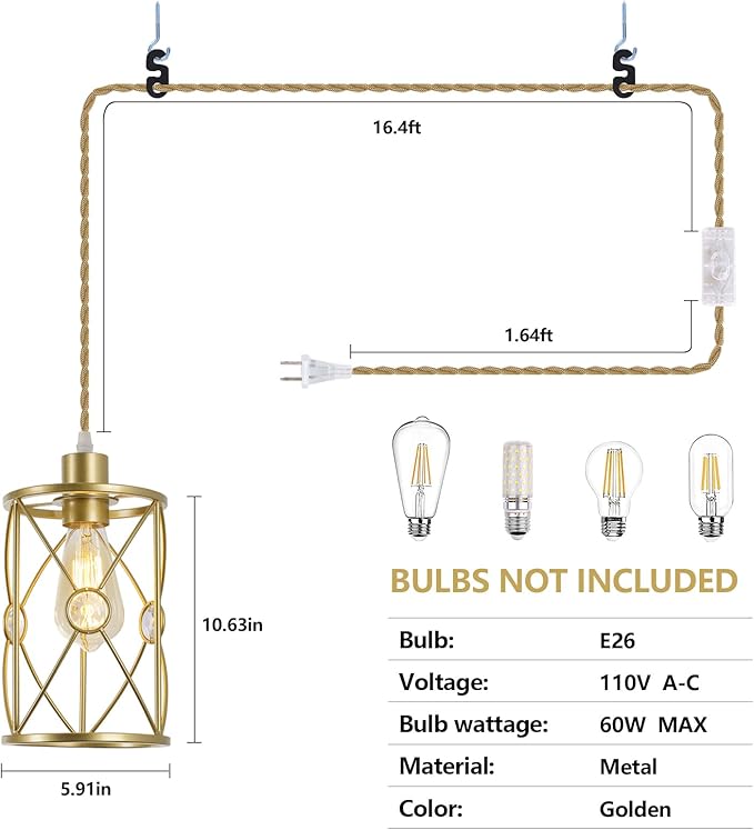 Plug in Industrial 2 Pack Farmhouse Pendant Light, Mini Cage Pendant Lighting in Gold Finish with Crystal, Adjustable Length Hanging Light Fixture for Hallway, Bedroom, Living Room, Kitchen