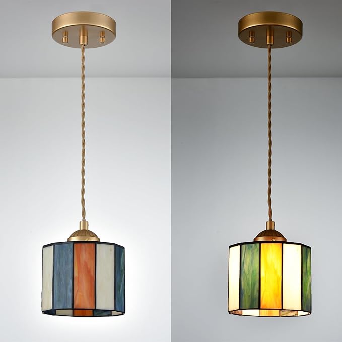 Tiffany Pendant Light Fixture 5.5-Inch Cylinder Stained Glass Pendant Lighting Vintage Tiffany Style Hanging Ceiling Light for Kitchen Island Dining Room Bar Hallway Home Office