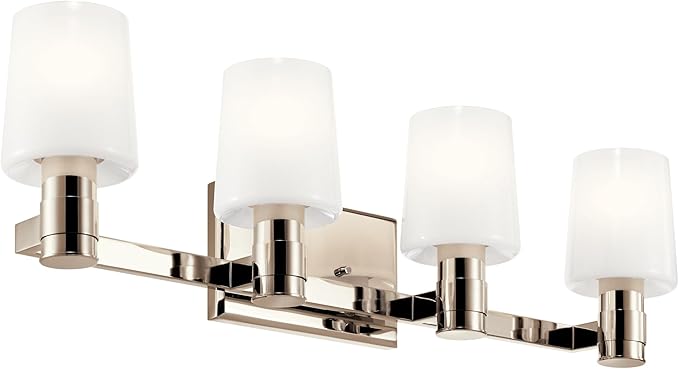 Kichler Adani 4-Light Bathroom Vanity Light Fixture with Opal Glass in Polished Nickel, Modern Wall Mount Lighting Over Mirror for Bathroom (8.25" x 30"), 55177PN