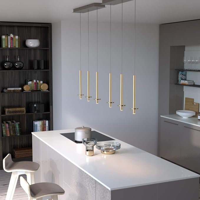 Draco 3 Pendant Lighting Brass – LED Hanging Light Fixture for Kitchen Island, Bar, Foyer – Equilateral Cluster of Mini Metal Rod Pipe Tube Cylinders – Dimmable, Adjustable Wire, Lamp Bulb Included