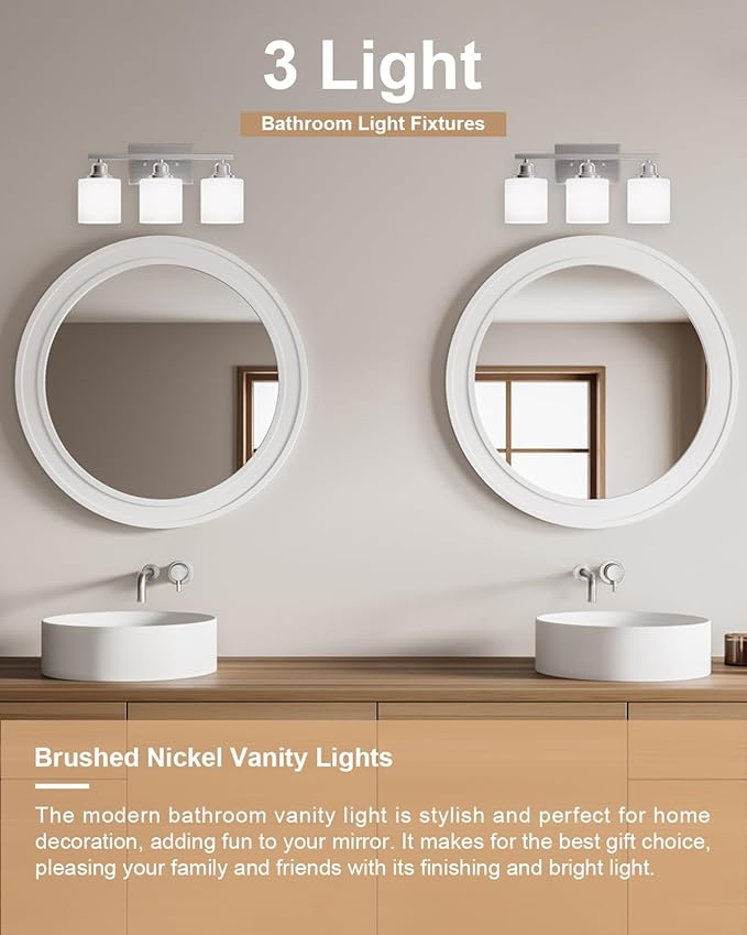 Sailstar Bathroom Light Fixtures Over Mirror, 3-Light Vanity Lights Brushed Nickel, Modern Bathroom Vanity Light, Glass Shade & Anti-Rust Nickel Finished, Bathroom Light for Small Space