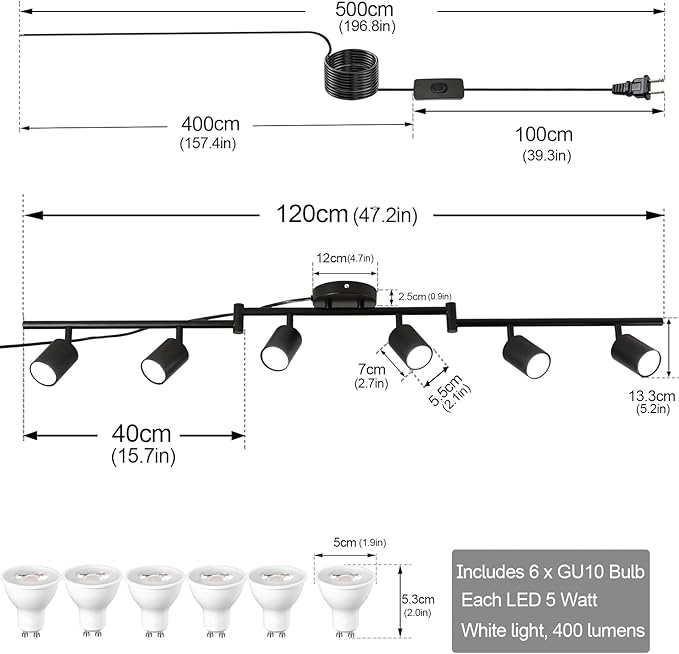 Plug in Track Lighting Kit, 120cm LED 6 Light Kitchen Track Lighting, Corded Wall Light with 16.4ft Cord, 6 Way Ceiling Spot Lighting Flexibly Rotatable Head Includes 6 x GU10 Bulb (6-Black-120cm)