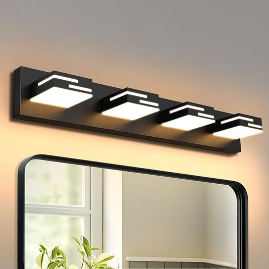 LED Modern Bathroom Vanity Light Fixtures 4-Light 28-inch 5CCT Dimmable Matte Black Vanity Lights for Bathroom Lighting Fixtures Over Mirror, with 360° Rotatable Acrylic Heads