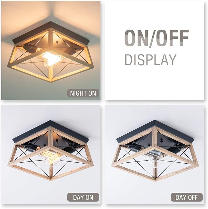 VILUXY Farmhouse Wood Flush Mount Ceiling Light Fixture - 2-Light Square Lamp for Hallway, Entryway, Dining Room, Kitchen - Light Wood Color