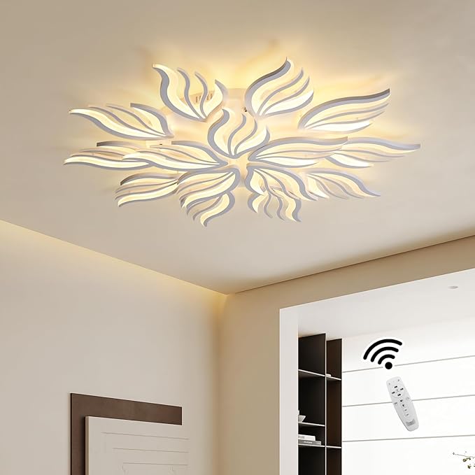 Becailyer Modern Flower Ceiling Lights, 45.2" Flush Mount Ceiling Lamp, 15-Petals Dimmable Acrylic Ceiling Lighting, 126W Close to Ceiling Fixture for Living Room Bedroom Dining Room Kitchen, White