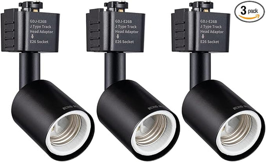 mirrea J Type Track Lighting Head to E26 Medium Screw Base Adapter Light Direction Adjustable Pack of 3 (Black)
