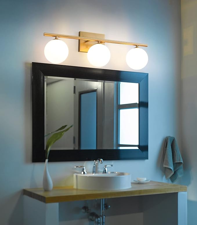 Bathroom Light Fixtures (3-Light, 24 in), Brushed Gold Vanity Lights with Milk Glass Shade, Bathroom Wall Lights for Mirror Bedroom Living Room Hallway