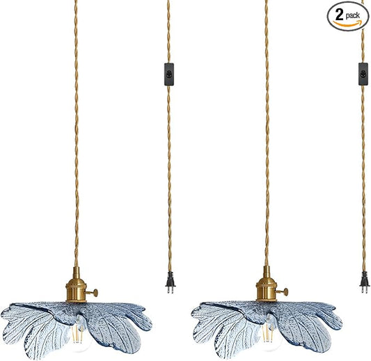 Plug in Pendant Light 2 Pack, Hanging Light with Plug in Cord On/Off Switch Modern Pendant Light fixtures with Blue Glass Shade Plug in Hanging lamp for Kitchen Dining Room Bedroom