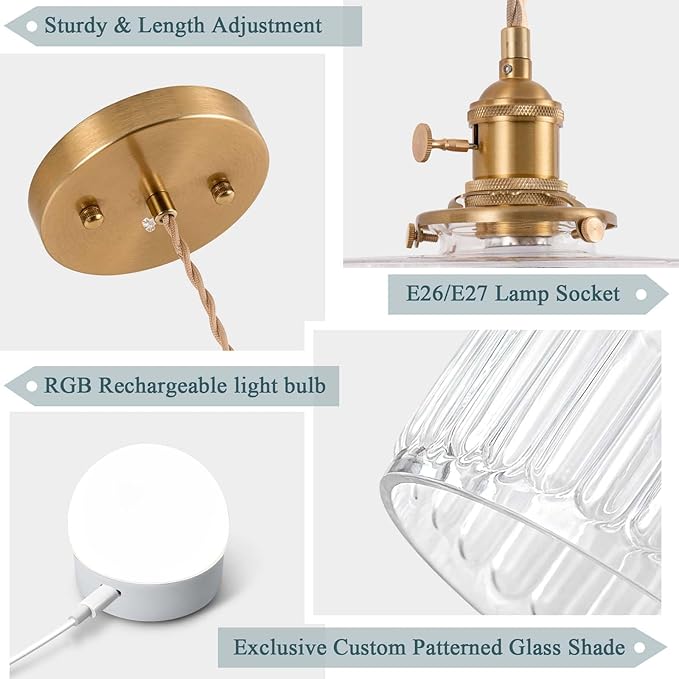 Battery Operated Pendant Light,Vintage Light Fixtures 2500mAh 6.6in RGB Light Bulb with Remote Control Wireless Adjustable Rechargeable Chandelier for Kitchen Island Hallway 1Light