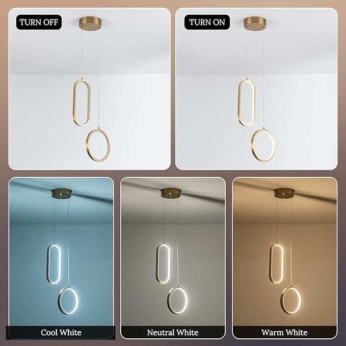 Gold Modern Mini LED Pendant Light with Remote Control, 2 Ring 24W 3-Color Temp Stepless Dimmable Ceiling Hanging Light for Bedroom Kitchen Island Dining Room Foyer Entryway