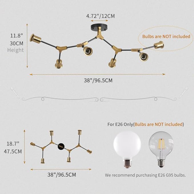 Modern Mid Century Gold and Black Large Sputnik Semi Flush Mount Ceiling Light Fixture for Bedroom Dining Room Living Room Kitchen Hallway Office,Metal 6 Light Long Chandelier