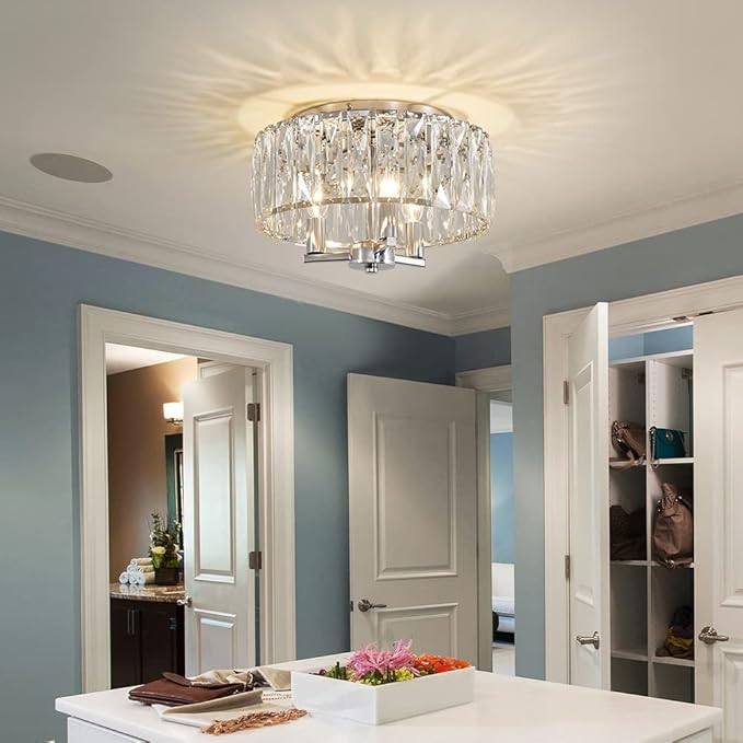 AGV LIGHTING CL002C K9 Crystal Flush Mount Ceiling Light Fixture, Perfect for Living Room, Bedroom, Dining Room, Chrome Finish