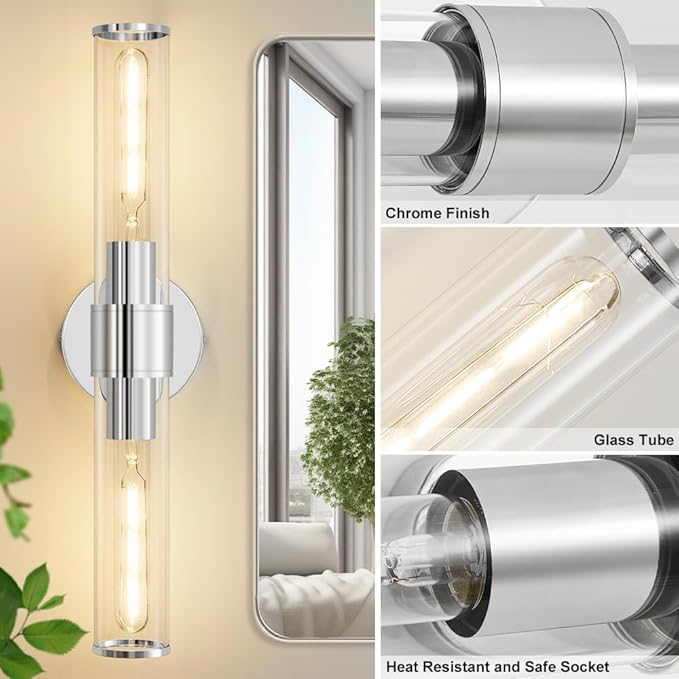 Chrome Wall Sconce, Bathroom Light Fixtures in Clear Glass Indoor Wall Sconces, Modern Sconce Wall Lighting Up and Down Vanity Lights Fixtures for Bathroom,Living Room - Bulb Not Included