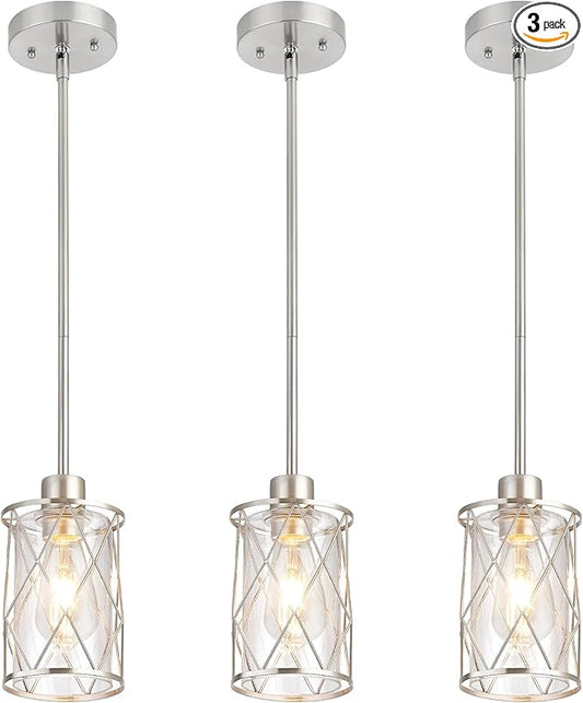 Refice Glass Pendant Lights Kitchen Island, Brushed Nickel Kitchen Hanging Light with Clear Glass, Farmhouse Cage Mini Pendant Lighting for Sink Dining Room Bedroom Bar, 3 Pack