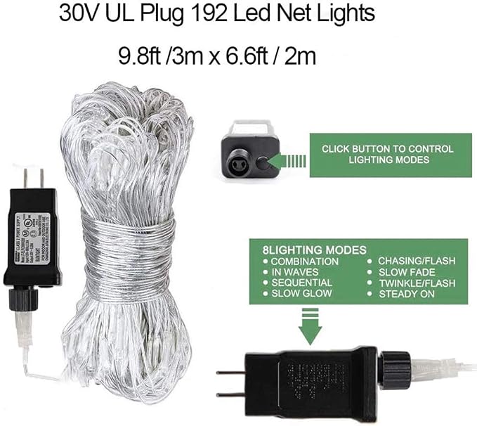 woohaha Outdoor Christmas Net Lights, 9.8FTx6.6FT 192 LED Plug-in Mesh Lights with 8 Lighting Modes, Connectable Light for Bush Christmas Garden Tree Holiday Wedding Party Decor, Cool White