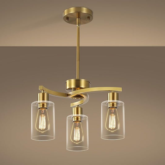 3-Light Gold Dining Room Chandeliers Over Table, Contemporary Kitchen Island Pendant Lighting, Industrial Hanging Light Fixture for Entryway Hallway Foyer Bedroom, Clear Glass Shade