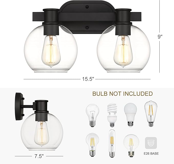 Tawson Dan Modern Farmhouse 2-Light Vanity Light Wall Sconce Lighting with Clear Glass Globe Shade in Light Black Finish for Bedroom, Hallway, Kitchen