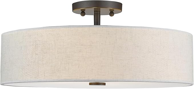 Livex Lighting 52136-92 Meridian Collection 4-Light Transitional Ceiling Mount Fixture with Oatmeal Color Fabric Hardback Shade, English Bronze