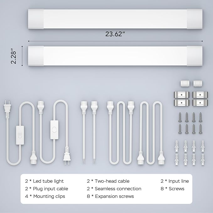 Plug in Light Fixtures 2FT 2PCS Linkable 5000K LED Shop Light, Lightweight Under Cabinet Lighting for Kitchen, Bright Overhead Light for Garage Workbench Bedroom Bathroom, Triproof, 18W
