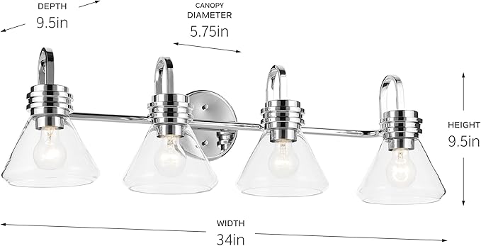 Kichler Farum 34" 4-Light Bathroom Vanity Light Fixture with Clear Glass in Chrome for Single or Double Vanity Over Mirror, Modern Wall Mount (34" x 9.5"), 55156CHCLR
