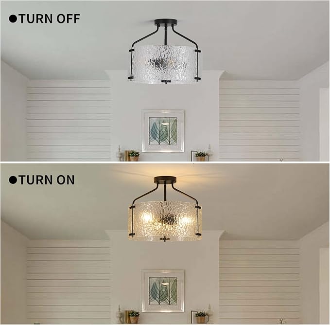Semi Flush Mount Ceiling Light Fixture 16''Glass Chandelier Kitchen Lighting Fixtures Ceiling 3-Light Black Chandelier Hallway Light Fixture for Foyer Porch Bedroom Laundry Room