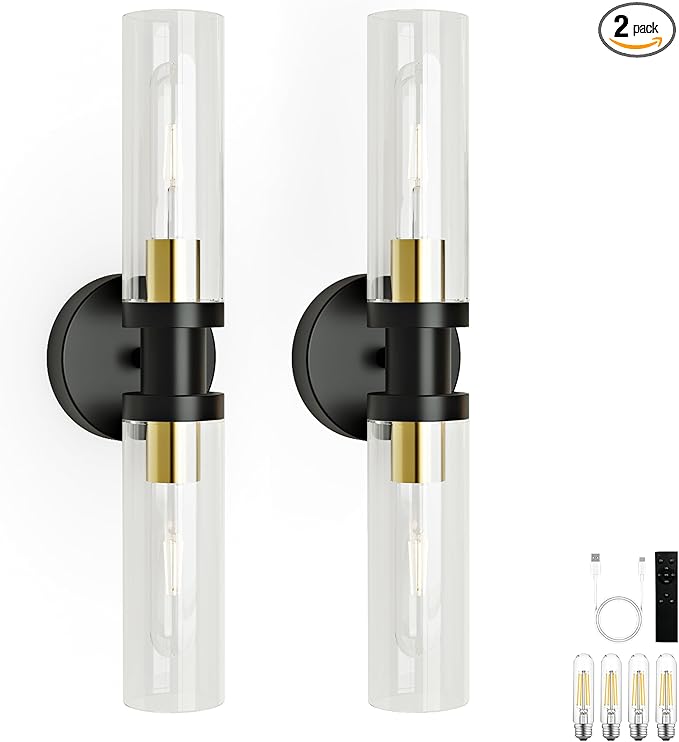 10000mAh Wireless Wall Sconces Set of 2, Rechargeable Battery Operated Wall Lights Remote Control Black & Gold No Hardwired Timer Dimmable Glass Wall Sconce for Living Room Bedroom Entryway, 16.5 Inch