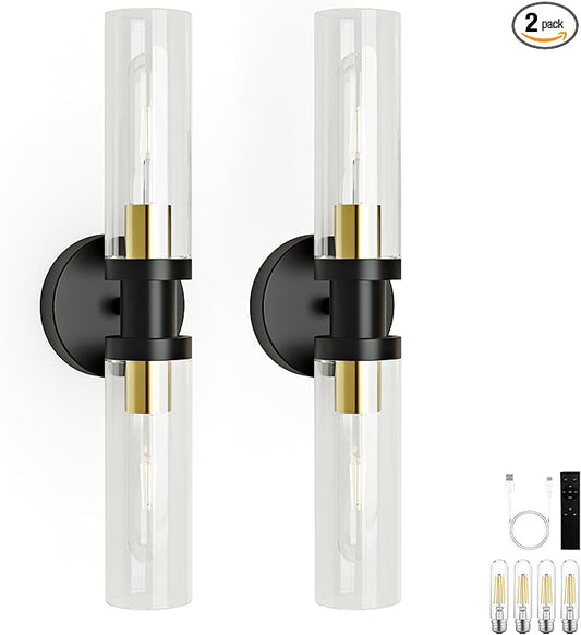 10000mAh Wireless Wall Sconces Set of 2, Rechargeable Battery Operated Wall Lights Remote Control Black & Gold No Hardwired Timer Dimmable Glass Wall Sconce for Living Room Bedroom Entryway, 16.5 Inch