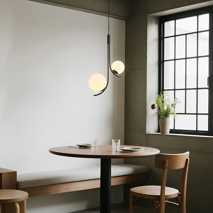 Modern Pendant Light Fixture Black Globe Pendant Lights Kitchen Island White Frosted Milk Glass Sputnik Chandelier Vintage for Kitchen, Office, Entryway (2-Light)