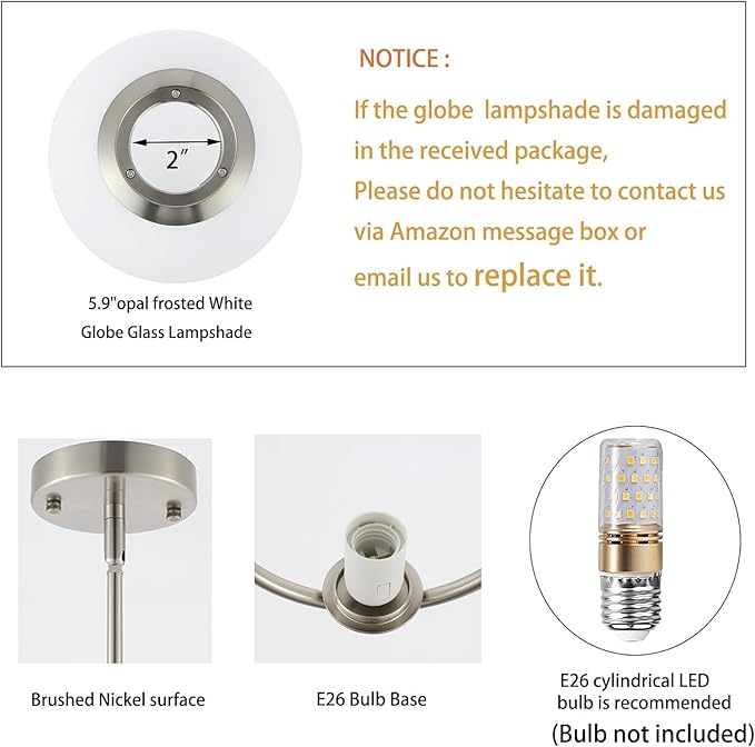 BYOLIIMA Modern Globe Pendant Light Brushed Nickel Chandelier 1-Light Mid Century Ceiling Hanging Lighting Fixture White Globe Glass Shades for Kitchen Island Dining Room Bedroom
