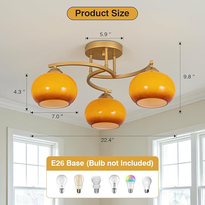 Semi Flush Mount Ceiling Light Fixture Modern Gold Globe Sputnik Chandeliers 3 Light Mid Century Orange Vintage Glass Chandelier for Dining Room Kitchen Bedroom Living Room Foyer Hallway