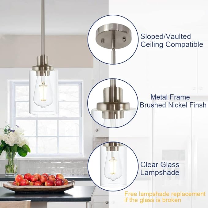 TODOLUZ Modern Clear Glass Pendant Light in Brushed Nickel, Single Hanging Pendant Lighting for Farmhouse Entryway Dining Room Kitchen Island Foyer