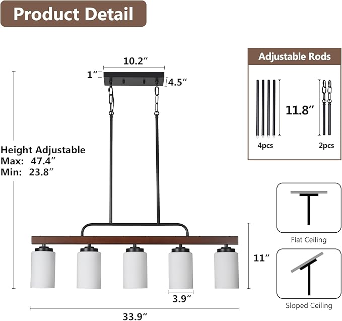 Farmhouse Dining Room Light Fixture Over Table, Black 5-Light Wood Kitchen Island Lighting with Milk White Glass, Industrial Linear Chandelier Pendant Lights