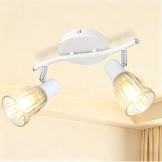 HiBay 2-Light Track Lighting, Directional Modern Ceiling Light Fixture White w/Glass Shades, Flush Mount Wall Spotlight Indoor for Kitchen, Bedroom, Living Room, E12 Base, No Bulbs