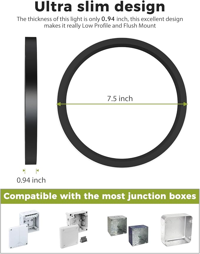 hepside 2Pack Dimmable Flush Mount Ceiling Light Fixture Black, 3CCT Selectable 3000/4000/6500K Ceiling Lamp, 7.5INCH 15W 1500LM Low Profile Light for Bedroom, Kitchen, Bathroom, Hallway