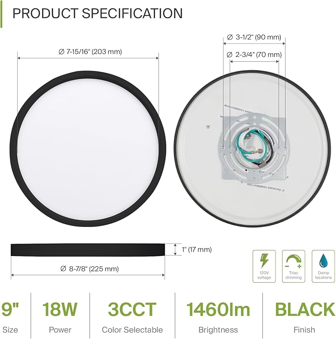 ASD LED 9" Round Flush Mount Light | 18W 1460LM 3000-5000K 120V | 3CCT, Dimmable, Ultra Slim, ETL Listed | Thin Surface Lamp, Bedroom Ceiling Lighting | Black, 6 Pack